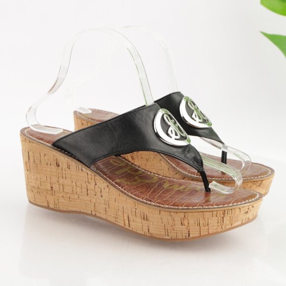 Sam Edelman Womens Ruth Sandals Size 8.5 Black Leather Thong Cork Wedge Platform - Picture 1 of 12